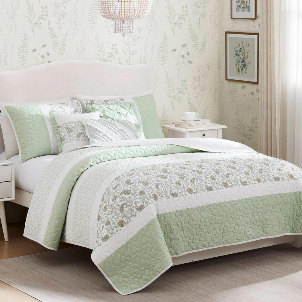 imageMadison Park Queen Quilt Set Cotton Coverlet Set with Cotton Filling for Queen Size Bed All Season Lightweight Queen Cotton Quilt Include Shams ampamp Dcor Pillows Dawn FullQueen Sage Green 6 PieceSage Green