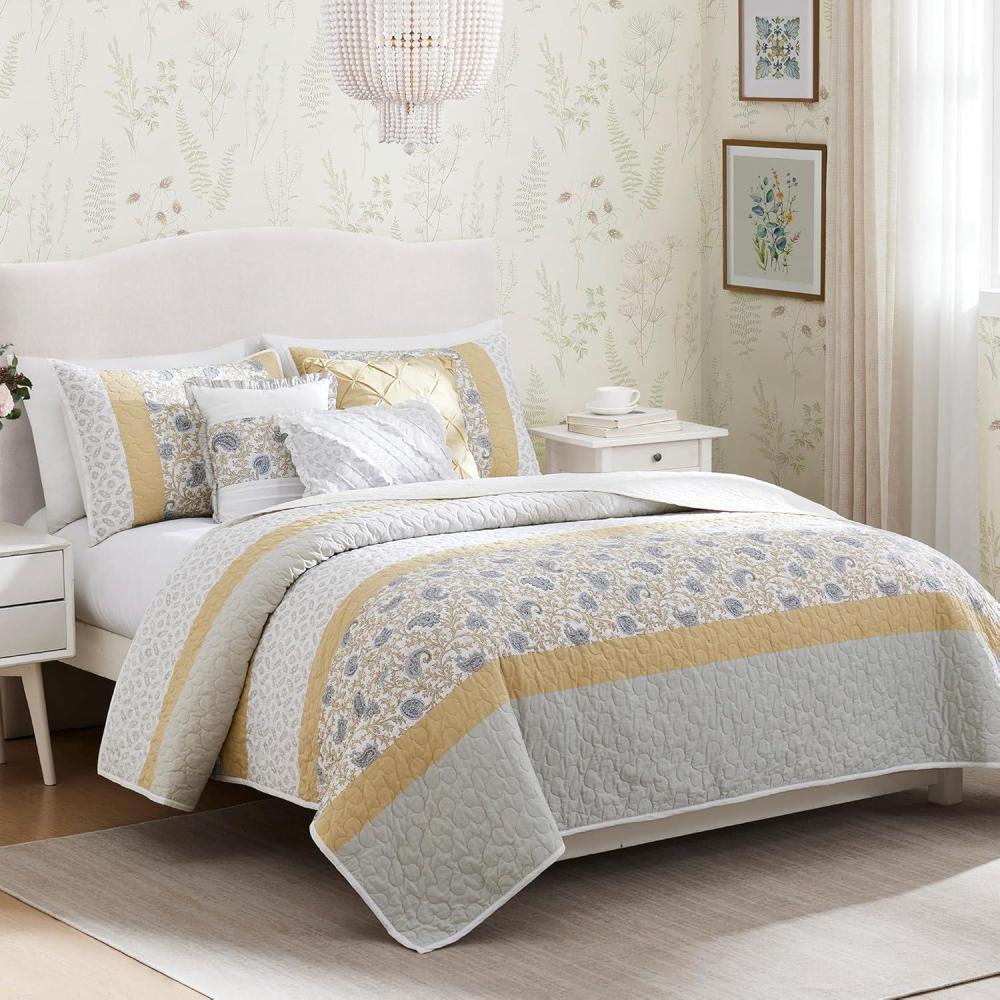 imageMadison Park Queen Quilt Set Cotton Coverlet Set with Cotton Filling for Queen Size Bed All Season Lightweight Queen Cotton Quilt Include Shams ampamp Dcor Pillows Dawn FullQueen Sage Green 6 PieceYellow
