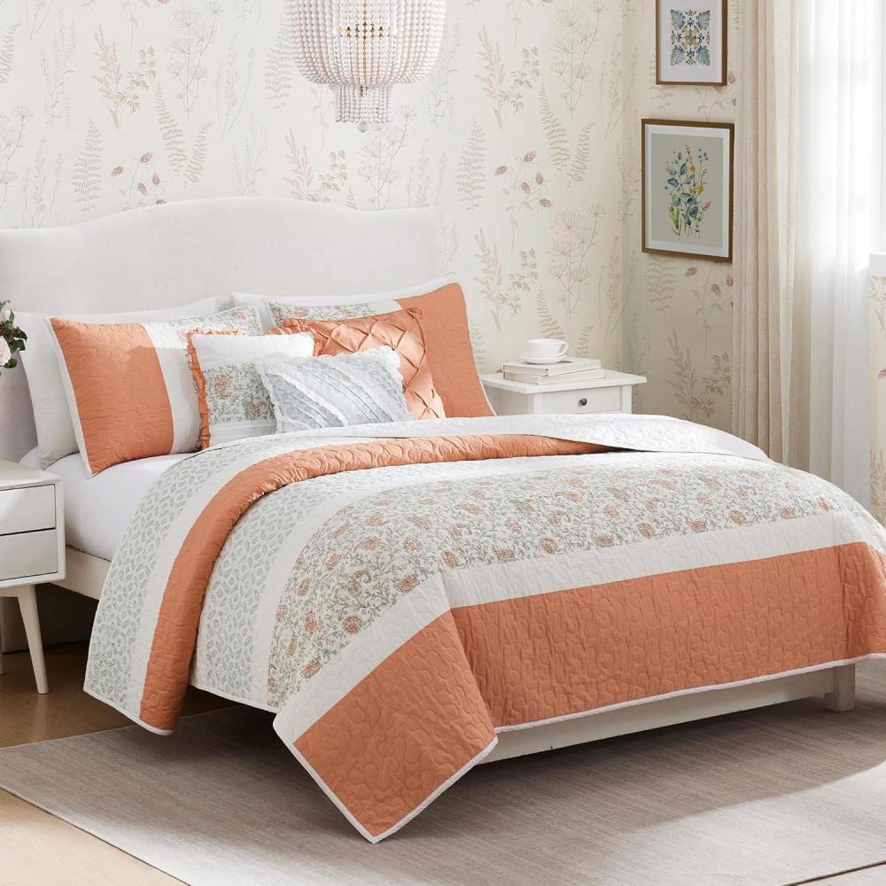 imageMadison Park Queen Quilt Set Cotton Coverlet Set with Cotton Filling for Queen Size Bed All Season Lightweight Queen Cotton Quilt Include Shams ampamp Dcor Pillows Dawn FullQueen Sage Green 6 PieceCoral