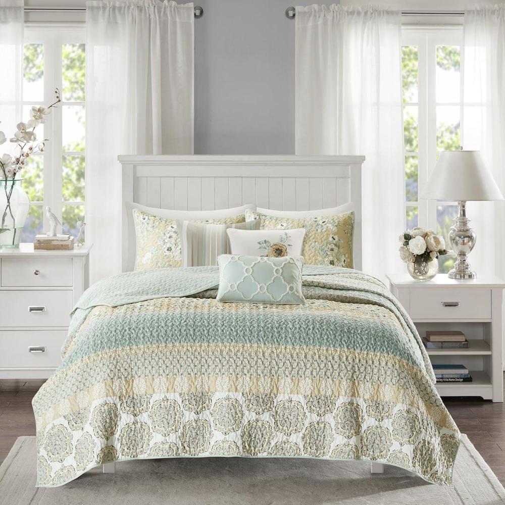 imageMadison Park Queen Quilt Set Cotton Coverlet Set with Cotton Filling for Queen Size Bed All Season Lightweight Queen Cotton Quilt Include Shams ampamp Dcor Pillows Dawn FullQueen Sage Green 6 PieceGreen