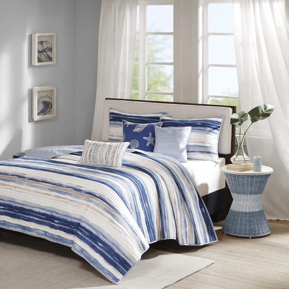 imageMadison Park Quilt Set Cottage Coastal Design 6 Piece Set  All Season Coverlet Bedspread Lightweight Bedding Layer Shams Toss Pillows KingCal King104quotx94quot BlueWhite