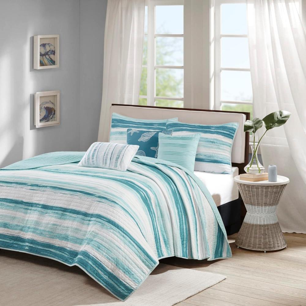 imageMadison Park Quilt Set Cottage Coastal Design Starfish Print All Season Coverlet Bedspread Lightweight Bedding Layer Shams Toss Pillows FullQueen90quotx90quot Bayside BlueIvory 6 PieceAquaWhite