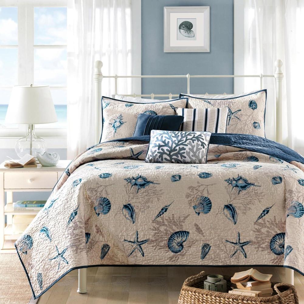 imageMadison Park Quilt Set Cottage Coastal Design Starfish Print All Season Coverlet Bedspread Lightweight Bedding Layer Shams Toss Pillows FullQueen90quotx90quot Bayside BlueIvory 6 PieceBlueIvory Bayside