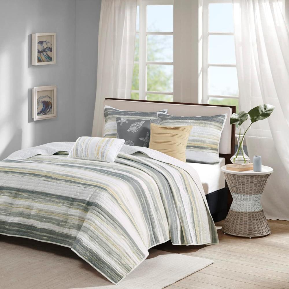 imageMadison Park Quilt Set Cottage Coastal Design Starfish Print  All Season Coverlet Bedspread Lightweight Bedding Layer Shams Toss Pillows FullQueen90quotx90quot Bayside BlueIvory 6 PieceYellowGrey