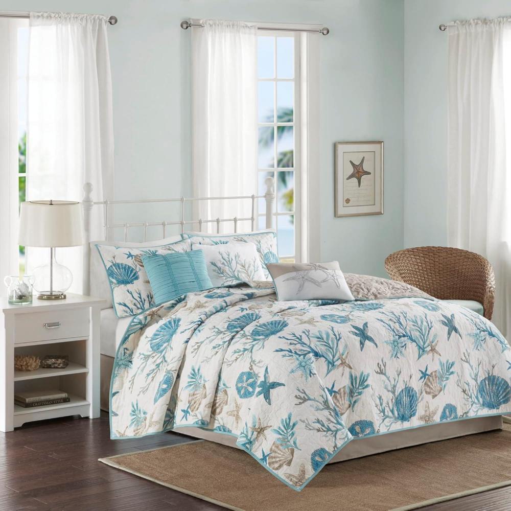 imageMadison Park Quilt Set Cottage Coastal Design Starfish Print All Season Coverlet Bedspread Lightweight Bedding Layer Shams Toss Pillows FullQueen90quotx90quot Bayside BlueIvory 6 PieceAqua Multi