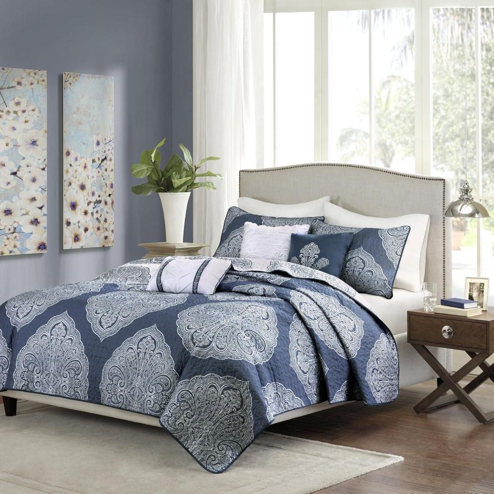 imageMadison Park Quilt Traditional Damask Design All Season Lightweight Coverlet Bedspread Bedding Set Matching Shams Pillows FullQueen90quotx90quot NavyWhite 6 PieceNavy