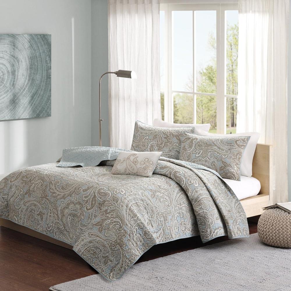 imageMadison Park Quilt Traditional Damask Design All Season Lightweight Coverlet Bedspread Bedding Set Matching Shams Pillows FullQueen90quotx90quot NavyWhite 6 PieceBlue