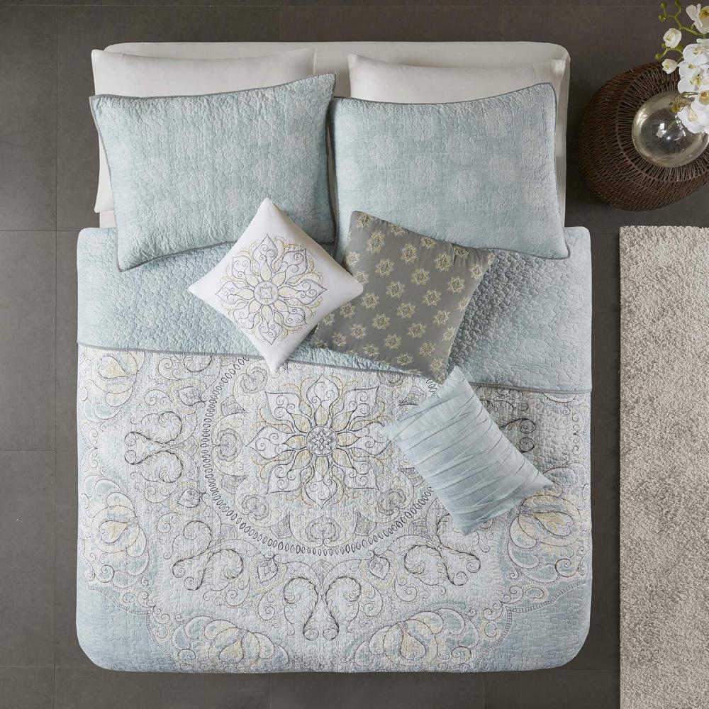 imageMadison Park Quilt Traditional Damask Design All Season Lightweight Coverlet Bedspread Bedding Set Matching Shams Pillows FullQueen90quotx90quot NavyWhite 6 PieceSeafoam