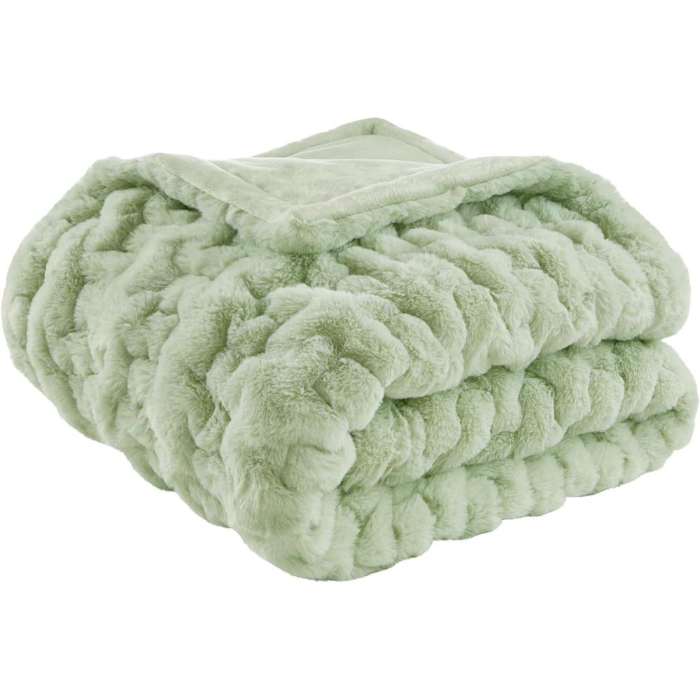 imageMadison Park Ruched Fur Luxury Throw Premium Soft Cozy Brushed Long Faux Fur For Bed Couch or Sofa 50x60quot IvorySage Green