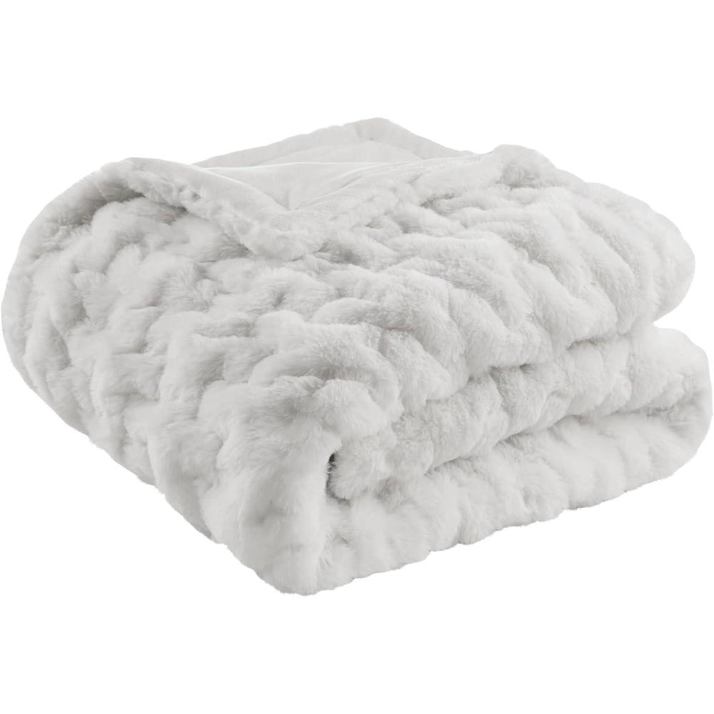 imageMadison Park Ruched Fur Luxury Throw Premium Soft Cozy Brushed Long Faux Fur For Bed Couch or Sofa 50x60quot IvorySilver Grey