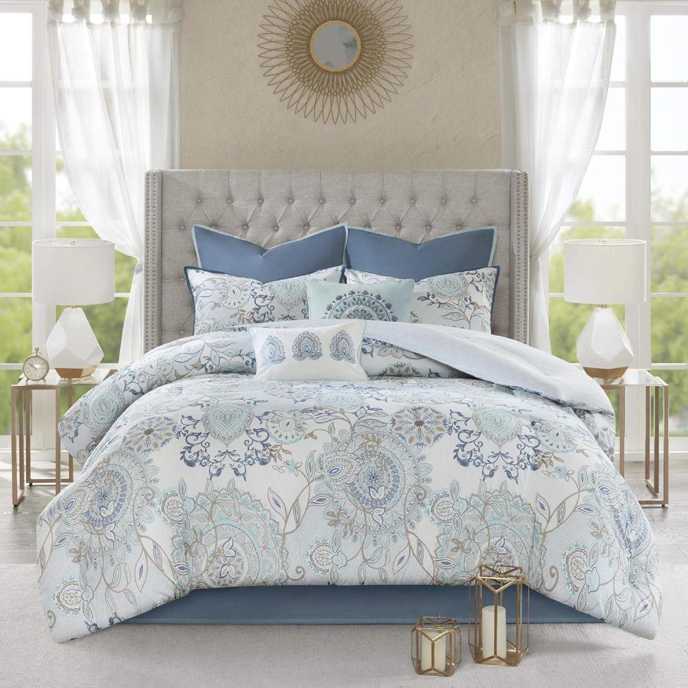 imageMadison Park Season Set Matching Bed Skirt DecorativePillows Queen90quotx90quot Isla Floral Medallion Blue 8 PieceBlue
