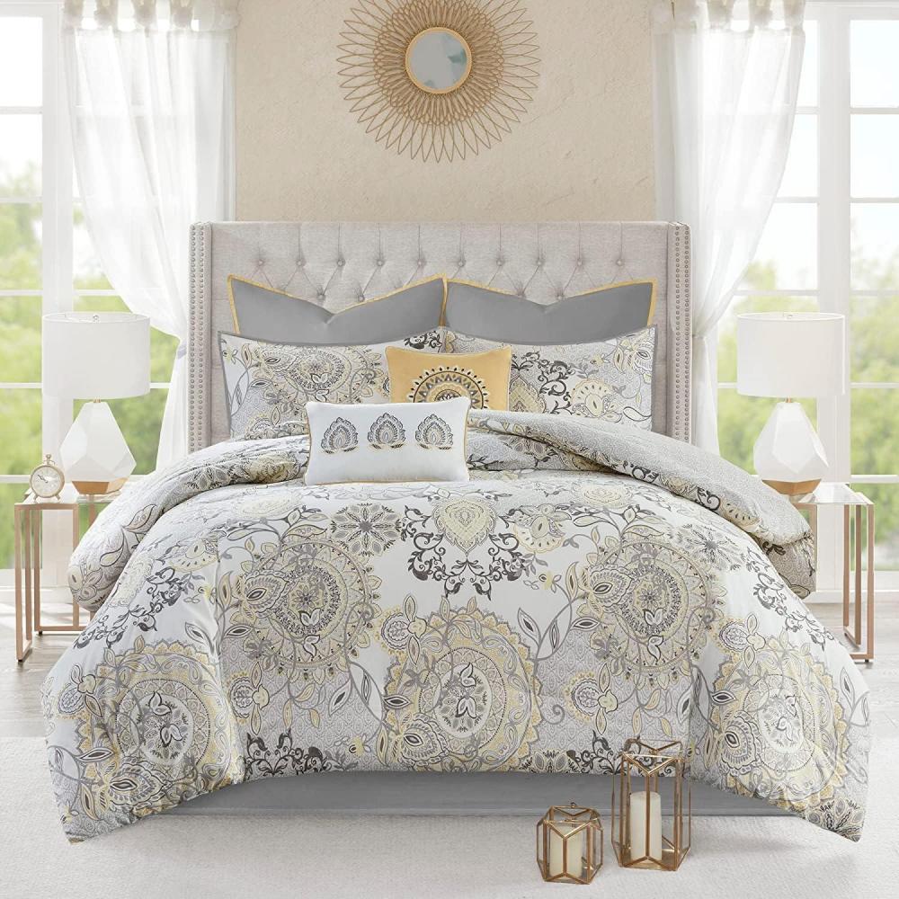 imageMadison Park Season Set Matching Bed Skirt DecorativePillows Queen90quotx90quot Isla Floral Medallion Blue 8 PieceYellow