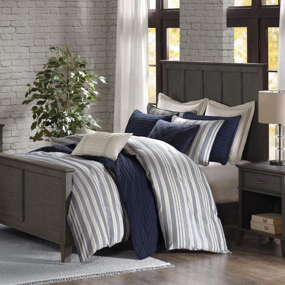 imageMadison Park Signature Cozy Comforter Set  All Season Bedding Combo Filled Insert and Removable Duvet Cover Shams Decorative Pillows Plaid BrownBlack King 110 in x 96 in 10 PieceStripes Blue