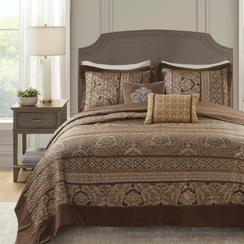 imageMadison Park Traditional Damask Design All Season Lightweight Coverlet Bedspread Bedding Set Matching Shams Pillows 102quotx118quot Bellagio Jacquard Grey 5 PieceBrownGold