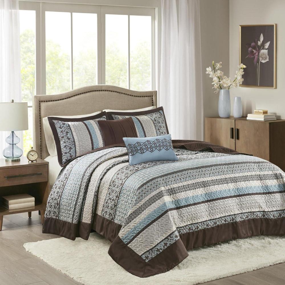 imageMadison Park Traditional Damask Design All Season Lightweight Coverlet Bedspread Bedding Set Matching Shams Pillows 102quotx118quot Bellagio Jacquard Grey 5 PieceBlueBrown