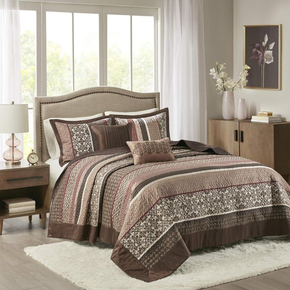 imageMadison Park Traditional Damask Design All Season Lightweight Coverlet Bedspread Bedding Set Matching Shams Pillows 102quotx118quot Bellagio Jacquard Grey 5 PieceRedBrown