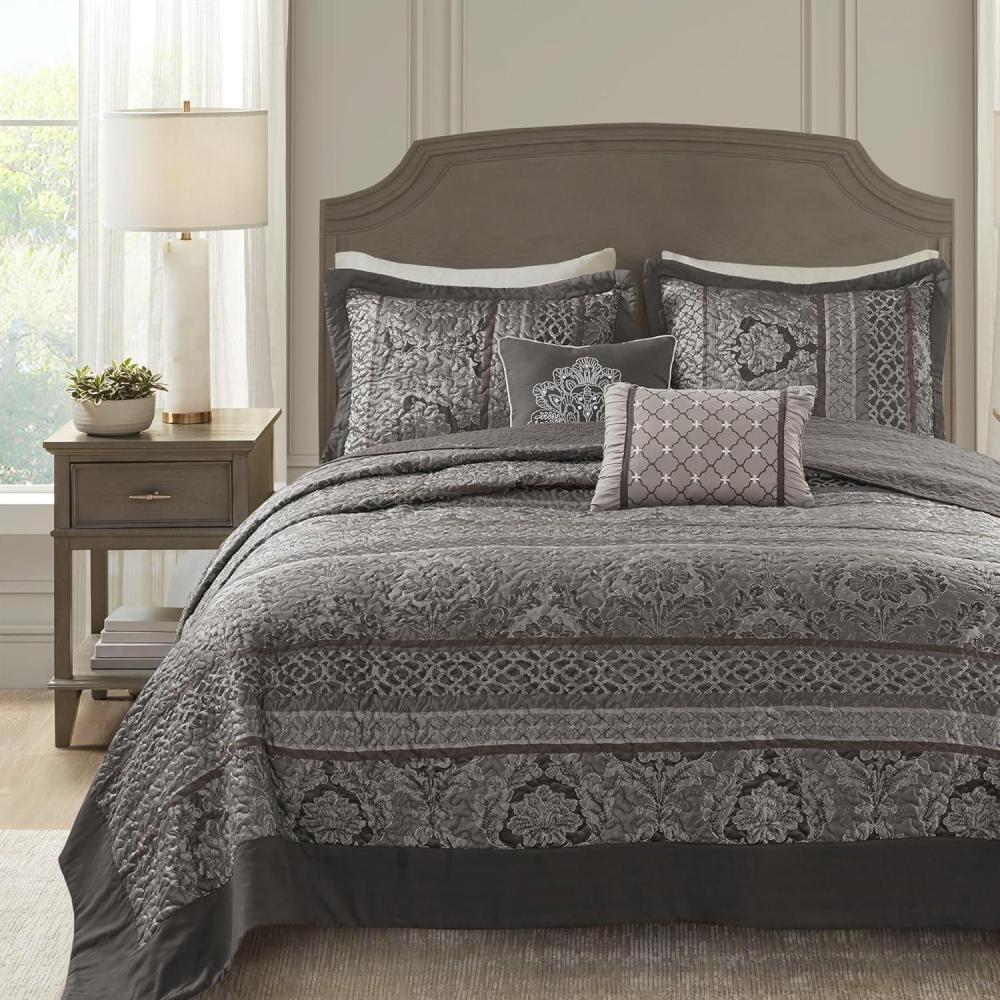 imageMadison Park Traditional Damask Design All Season Lightweight Coverlet Bedspread Bedding Set Matching Shams Pillows 102quotx118quot Bellagio Jacquard Grey 5 PieceGrey