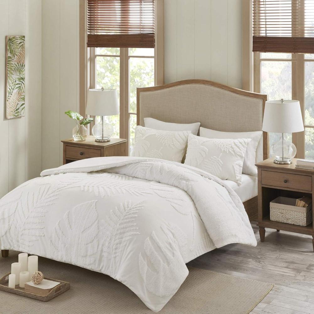 imageMadison Park Tufted Chenille 100 Cotton Duvet Modern Luxe All Season Comforter Cover Bed Set with Matching Shams FullQueen90quotx90quot Palm Leaf Off White 3 PieceBahari Palm Leaf White