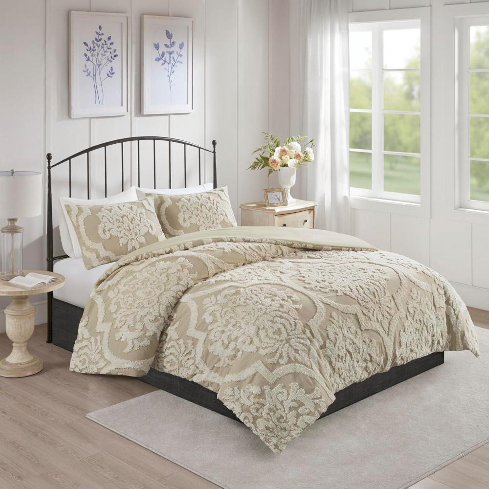 imageMadison Park Tufted Chenille Cotton Comforter All Season Bedding Set Matching Shams Viola Damask Off White KingCal King104quotx92quot 3 PieceDamask Taupe