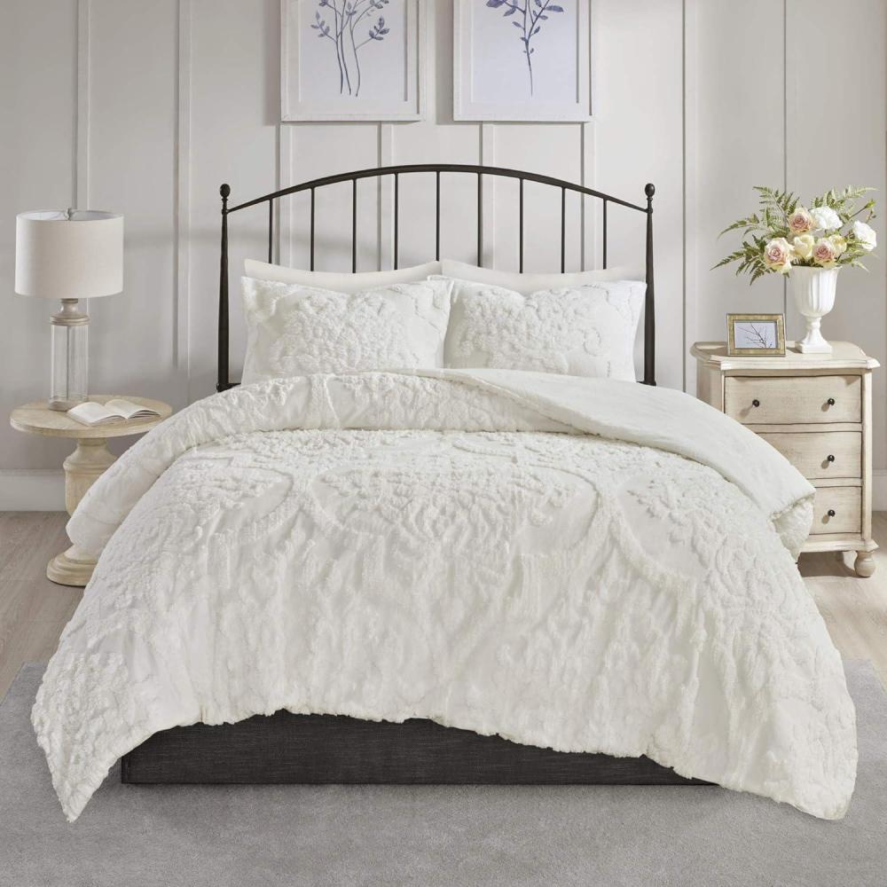 imageMadison Park Tufted Chenille Cotton Comforter All Season Bedding Set Matching Shams Viola Damask Off White KingCal King104quotx92quot 3 PieceDamask White