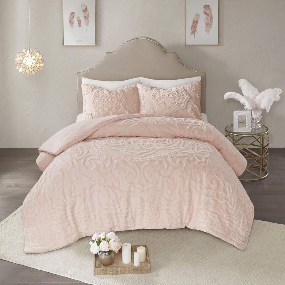 imageMadison Park Tufted Chenille Cotton Comforter All Season Bedding Set Matching Shams Viola Damask Off White KingCal King104quotx92quot 3 PieceFloral Blush