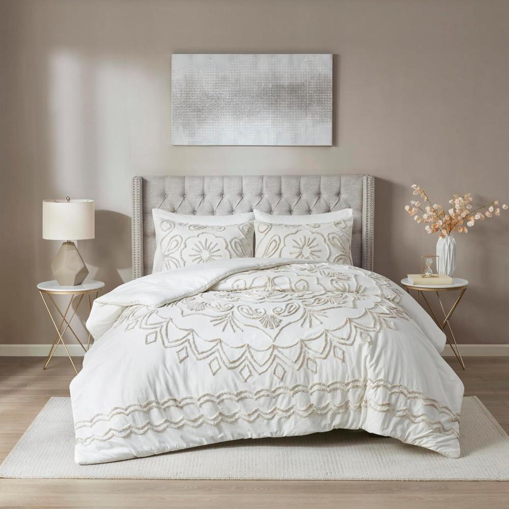imageMadison Park Tufted Chenille Cotton Comforter All Season Bedding Set Matching Shams Viola Damask Off White KingCal King104quotx92quot 3 PieceFloral IvoryTaupe