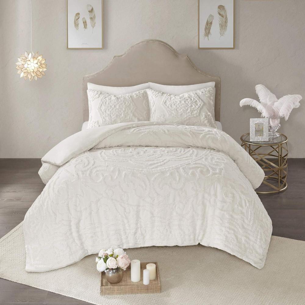 imageMadison Park Tufted Chenille Cotton Comforter All Season Bedding Set Matching Shams Viola Damask Off White KingCal King104quotx92quot 3 PieceFloral Off White