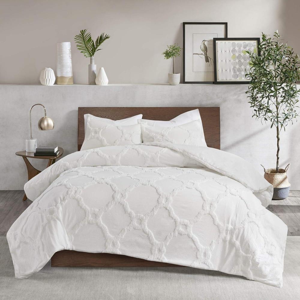 imageMadison Park Tufted Chenille Cotton Comforter All Season Bedding Set Matching Shams Viola Damask Off White KingCal King104quotx92quot 3 PieceGeometric Ogee White