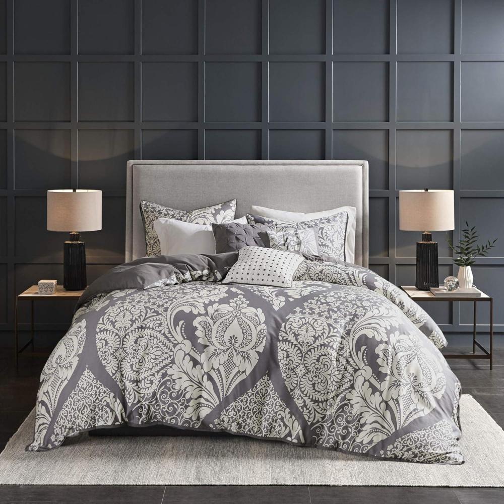 imageMadison Park Vienna Cotton Poly Blend Duvet Set  Classic Traditional Design Cozy All Season Comforter Cover Matching Shams Decorative Pillows Vienna FullQueen90quotx90quot Indigo 6 PieceGreyWhite