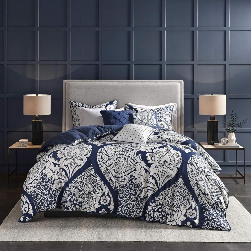 imageMadison Park Vienna Cotton Poly Blend Duvet Set Classic Traditional Design Cozy All Season Comforter Cover Matching Shams Decorative Pillows Vienna FullQueen90quotx90quot Indigo 6 PieceIndigoWhite