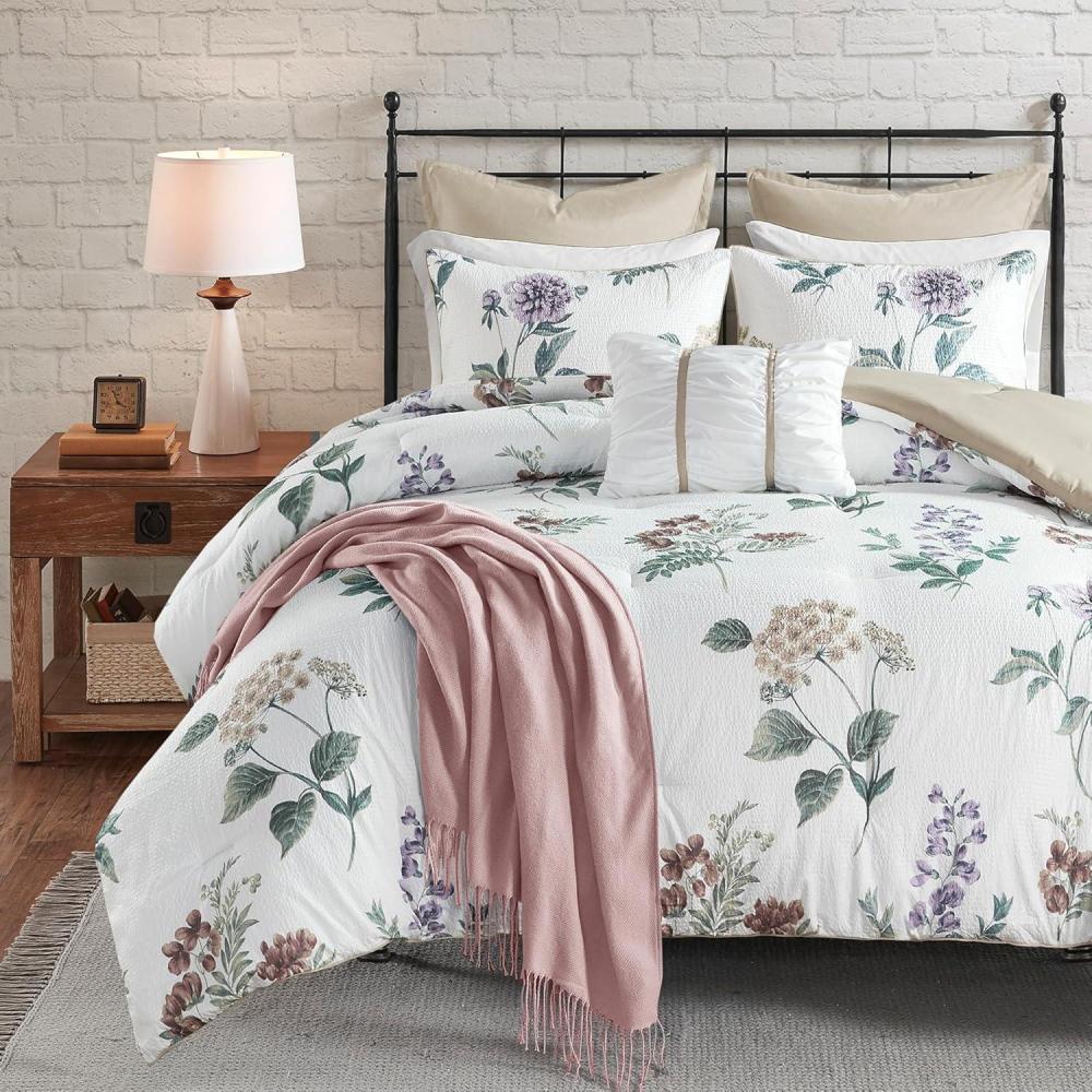 imageMadison Park Zennia Farmhouse Comforter Set with ThrowBlanket Floral Print on Seersucker Textures All Season Bedding Matching Shams Toss Pillows KingCal King104quotx92quot Blue 7 PieceZennia TaupeBlush