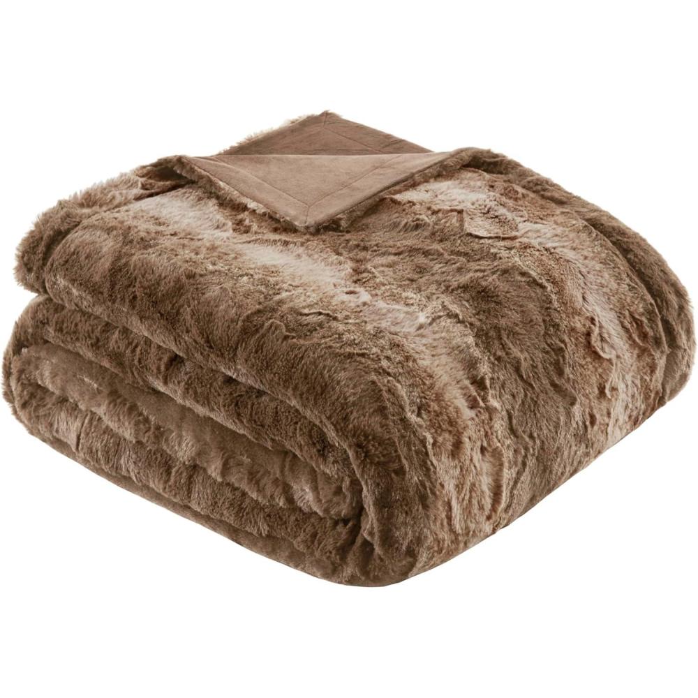 imageMadison Park Zuri Soft Plush Luxury Oversized Faux Fur Throw Animal Stripes Design Faux Mink On The Reverse Modern All Seasons Blanket for Bed Sofa Couch Office Sand 60x70quotTan