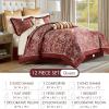 Madison Park Aubrey Cozy Comforter Set, Faux Silk Jacquard Paisley Design – All Season Down Alternative Bedding with Cotton Bed Sheets, Bed Skirt & Toss Pillows, King Navy 12 Piece(Red Biab 12pcs)