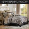 Madison Park Aubrey Cozy Comforter Set, Faux Silk Jacquard Paisley Design – All Season Down Alternative Bedding with Cotton Bed Sheets, Bed Skirt & Toss Pillows, King Navy 12 Piece(Black Biab 12pcs)