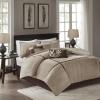Madison Park Cozy Comforter Set Casual Blocks Design All Season, Matching Bed Skirt, Decorative Pillows, Queen(90″x90″), Red Brown, 7 Piece(Dune Beige/Brown)