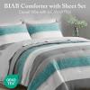 Madison Park Essentials Jaxon Bed in a Bag Comforter Set with Sheet, Printed Stripe Design, Modern All Season Bedding and Matching Sham, Queen Blue/Grey 7 Piece(Aqua/Grey)