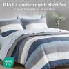 Madison Park Essentials Jaxon Bed in a Bag Comforter Set with Sheet, Printed Stripe Design, Modern All Season Bedding and Matching Sham, Queen Blue/Grey 7 Piece(Blue/Grey)
