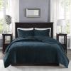 Madison Park Harper Quilt Set Velvet Casual Geometric Stitching Design All Season, Lightweight Coverlet, Cozy Bedding, Matching Shams, Full/Queen(90″x90″), Ivory 3 Piece(Teal)