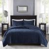 Madison Park Harper Quilt Set Velvet Casual Geometric Stitching Design All Season, Lightweight Coverlet, Cozy Bedding, Matching Shams, Full/Queen(90″x90″), Ivory 3 Piece(Navy)