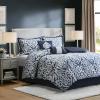 Madison Park Lavine Cozy Bed in a Bag Comforter Set, Traditional Luxe Jacquard Design All Season Down Alternative Bedding with Cotton Bed Sheets, Bed Skirt & Pillows, Queen Blue 12 Piece(Navy Comforter 6pcs)