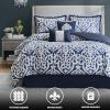 Madison Park Lavine Cozy Bed in a Bag Comforter Set, Traditional Luxe Jacquard Design All Season Down Alternative Bedding with Cotton Bed Sheets, Bed Skirt & Pillows, Queen Blue 12 Piece(Navy Comforter 6pcs)