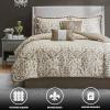 Madison Park Lavine Cozy Bed in a Bag Comforter Set, Traditional Luxe Jacquard Design All Season Down Alternative Bedding with Cotton Bed Sheets, Bed Skirt & Pillows, Queen Blue 12 Piece(Tan Comforter 6pcs)