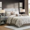 Madison Park Lavine Cozy Bed in a Bag Comforter Set, Traditional Luxe Jacquard Design All Season Down Alternative Bedding with Cotton Bed Sheets, Bed Skirt & Pillows, Queen Blue 12 Piece(Tan Comforter 6pcs)
