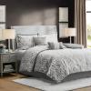 Madison Park Lavine Cozy Bed in a Bag Comforter Set, Traditional Luxe Jacquard Design All Season Down Alternative Bedding with Cotton Bed Sheets, Bed Skirt & Pillows, Queen Blue 12 Piece(Silver Comforter 6pcs)