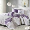 Madison Park Lola 100% Cotton Quilt Set-Casual Floral Channel Stitching Design All Season, Lightweight Coverlet Bedspread Bedding, Shams, Decorative Pillows, Full/Queen (90 in x 90 in), Purple 6 Piece(Lola Purple)