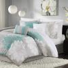 Madison Park Lola Sateen Cotton Comforter Set-Casual Medallion Floral Design All Season Down Alternative Bedding, Shams, Bedskirt, Decorative Pillows, Queen, Grey/Aqua 7 Piece(Floral Grey/Aqua)