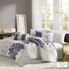 Madison Park Lola Sateen Cotton Comforter Set-Casual Medallion Floral Design All Season Down Alternative Bedding, Shams, Bedskirt, Decorative Pillows, Queen, Grey/Aqua 7 Piece(Floral Grey/Purple)