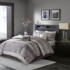 Madison Park Luxury Comforter Set-Traditional Jacquard Design All Season Down Alternative Bedding, Matching Bedskirt, Decorative Pillows, Queen(90″x90″), Ava, Pieced Taupe 7 Piece(Striped Purple)
