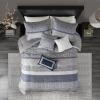 Madison Park Luxury Comforter Set-Traditional Jacquard Design All Season Down Alternative Bedding, Matching Bedskirt, Decorative Pillows, Queen(90″x90″), Ava, Pieced Taupe 7 Piece(Striped Navy)