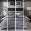 Madison Park Luxury Comforter Set-Traditional Jacquard Design All Season Down Alternative Bedding, Matching Bedskirt, Decorative Pillows, Queen(90″x90″), Ava, Pieced Taupe 7 Piece(Striped Grey/Taupe)